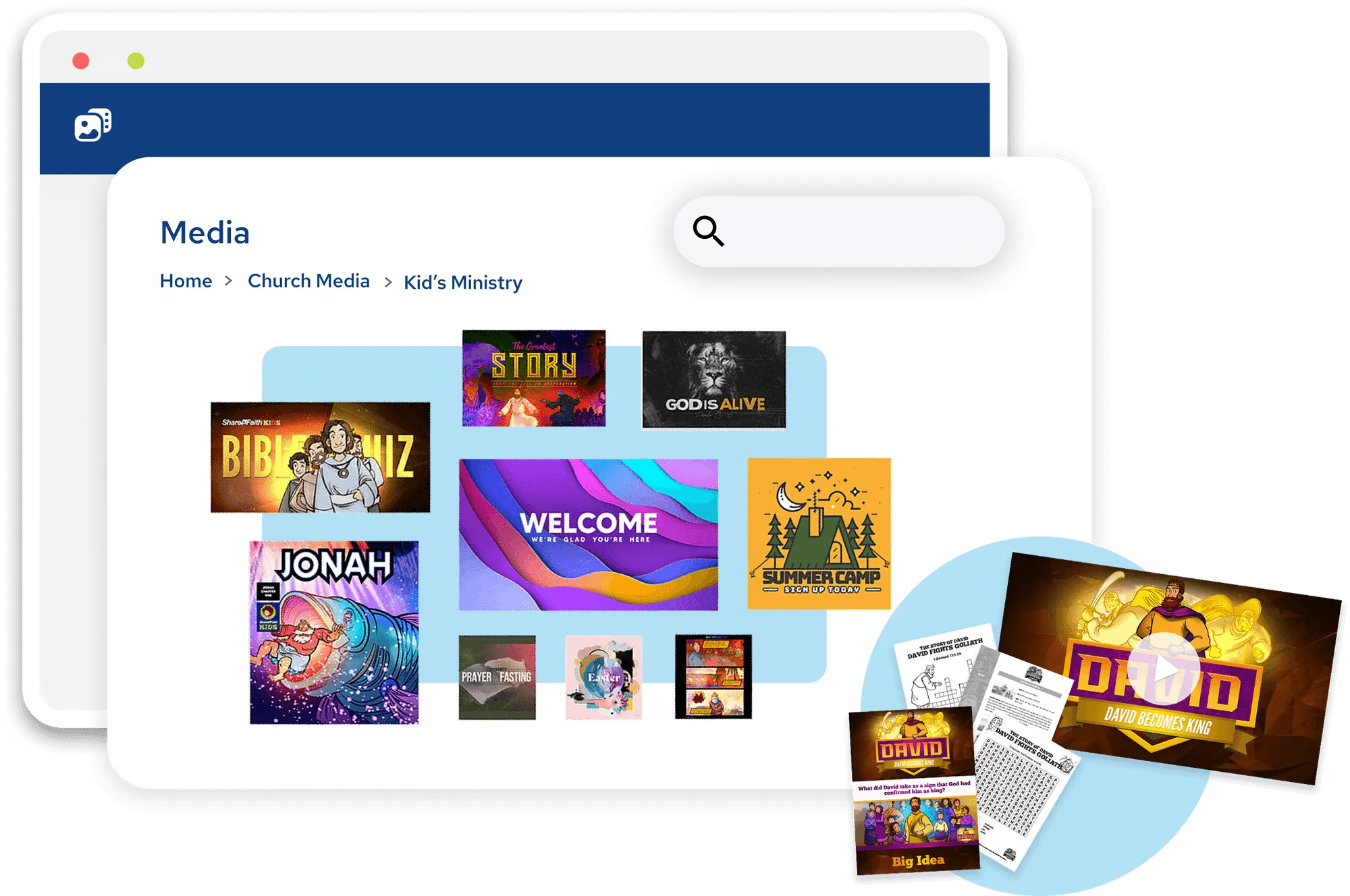 Dashboard showing Kids ministry media